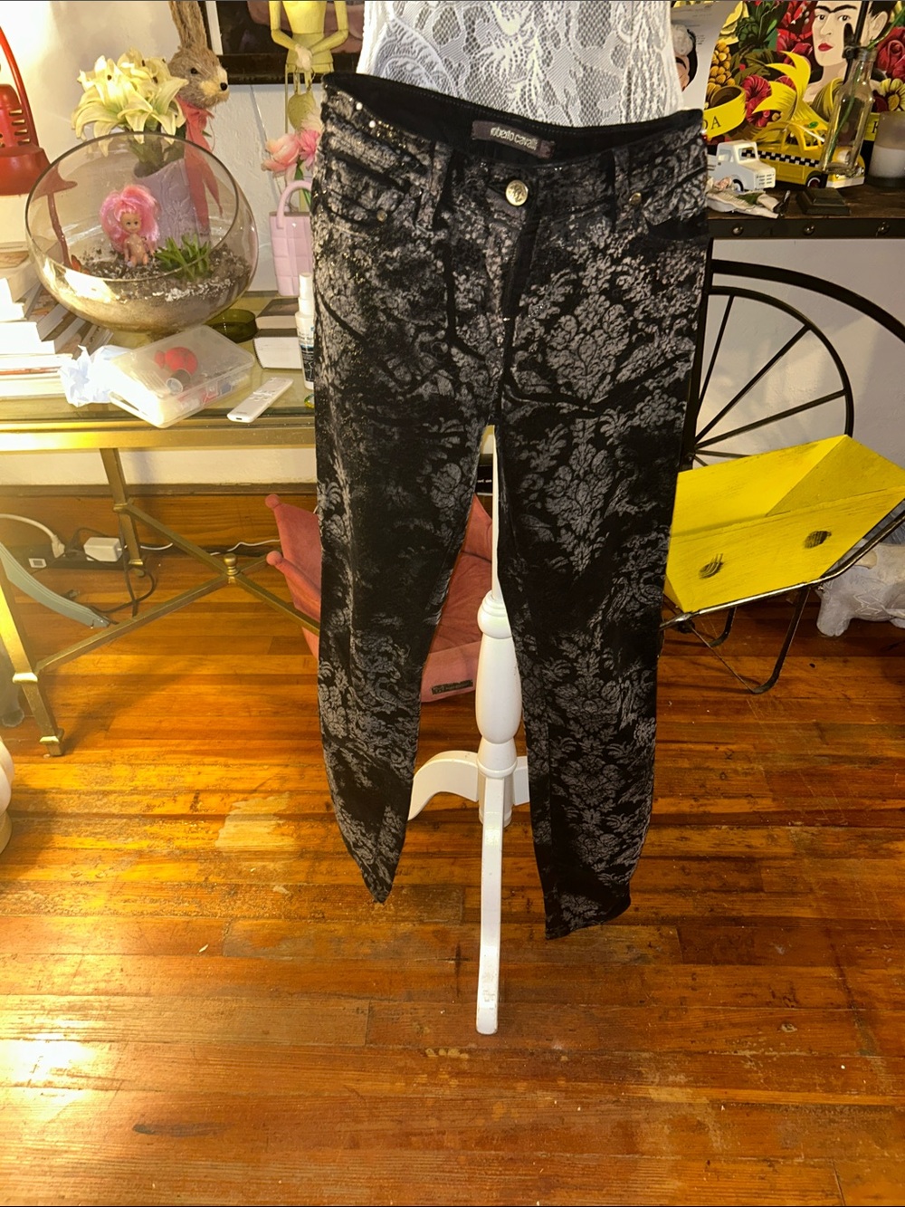Roberto Cavalli Black and Silver Floral Burnout Jeans